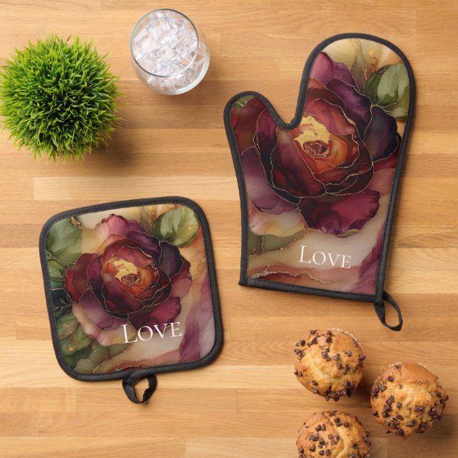 Romantic Red Burgundy Rose Gold Floral  Oven Mitt & Pot Holder Set (Top Down)