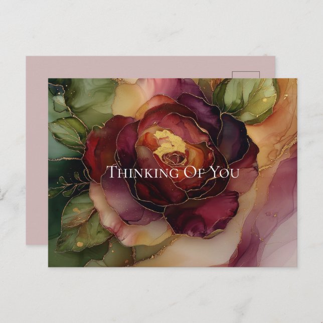 Romantic Red Burgundy Rose Gold Floral  Postcard (Front/Back)