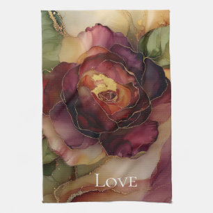 Romantic Red Burgundy Rose Gold Floral  Tea Towel