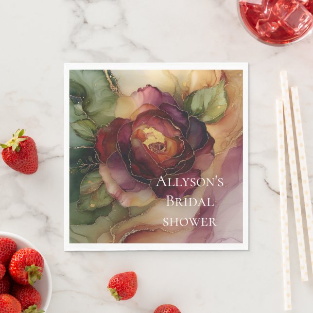 Romantic Red Burgundy Rose Gold Floral Wedding Napkin (Insitu)