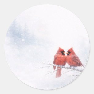 Romantic Red Cardinals Winter Watercolor Art Classic Round Sticker