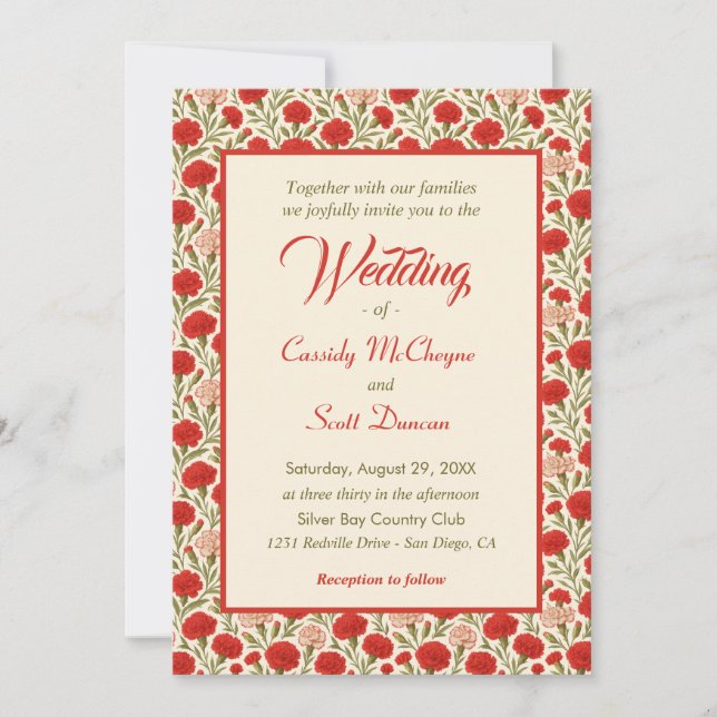 Romantic Red Carnation Flowers Wedding Invitation (Front)
