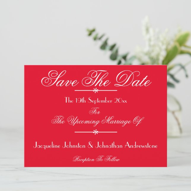 Romantic red chic script Wedding Save The Date  Announcement (Standing Front)
