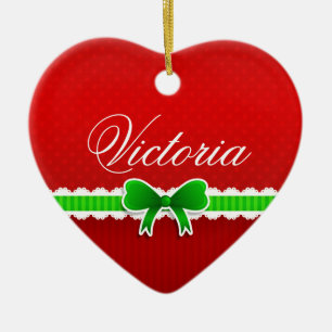 Romantic Red Christmas Design Cute Bow Custom Name Ceramic Ornament