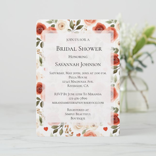 Romantic Red Cream Floral Bridal Shower Invitation (Standing Front)
