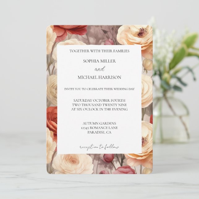 Romantic Red Cream Floral Wedding Invitation (Standing Front)