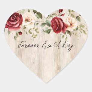 Romantic Red Cream Roses Faux Wood Wedding Heart Sticker