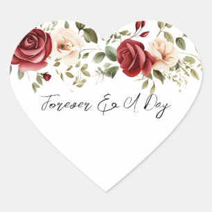 Romantic Red Cream Roses Wedding Heart Sticker