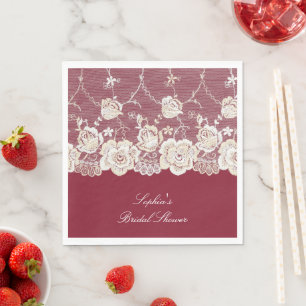 Romantic Red Cream White Lace Floral Wedding Napkin