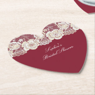Romantic Red Cream White Lace Floral Wedding Paper Coaster