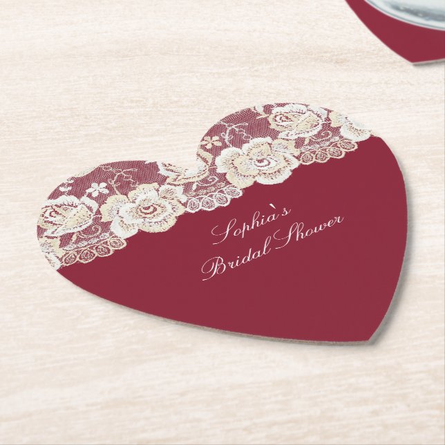 Romantic Red Cream White Lace Floral Wedding Paper Coaster (Angled)