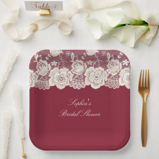 Romantic Red Cream White Lace Floral Wedding Paper Plate (Wedding)