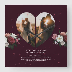 Romantic Red Custom Heart shape couples photo gift Square Wall Clock