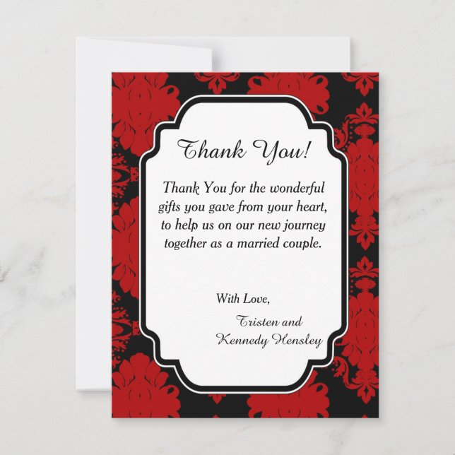Romantic Red Damask 4x5 Flat Wedding Thank You Card (Front)