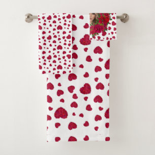 Romantic Red Dark Pink Roses Photo Border Bath Towel Set