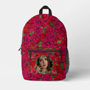 Romantic Red Dark Pink Roses Photo Border Printed Backpack