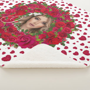 Romantic Red Dark Pink Roses Photo Border Sherpa Blanket