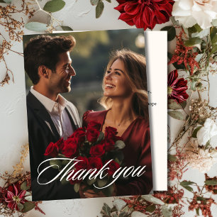 Romantic red Deep rose Floral winter photo wedding Thank You Card