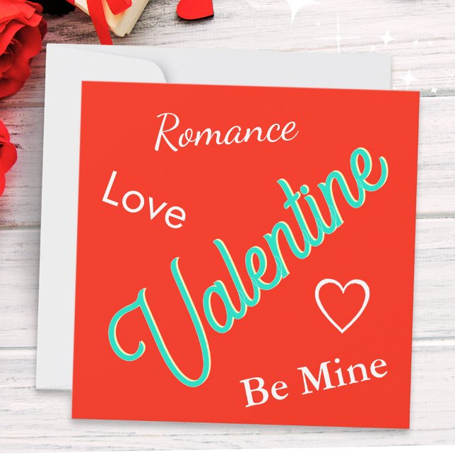 Romantic Red Elegant Custom Text Valentine's Day (A red greeting card with 'Valentine' in turquoise script typography and custom text on the back)