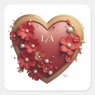 💙Romantic Red Floral Heart Frame Wedding Gifts 💙 Square Sticker
