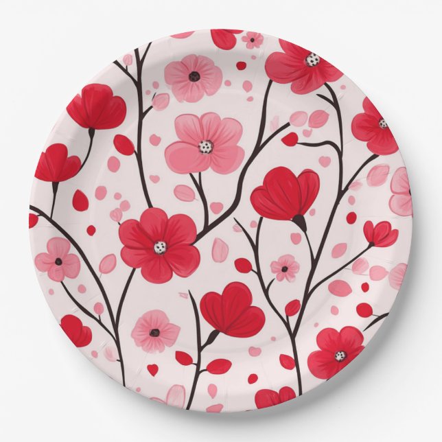Romantic Red Floral Paper Plate (Front)