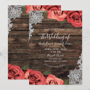 Romantic Red Floral Roses Rustic Wood Lace Wedding Invitation