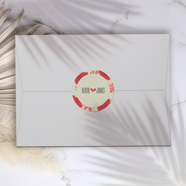 Romantic Red Floral Wedding Classic Round Sticker (Creator Uploaded)