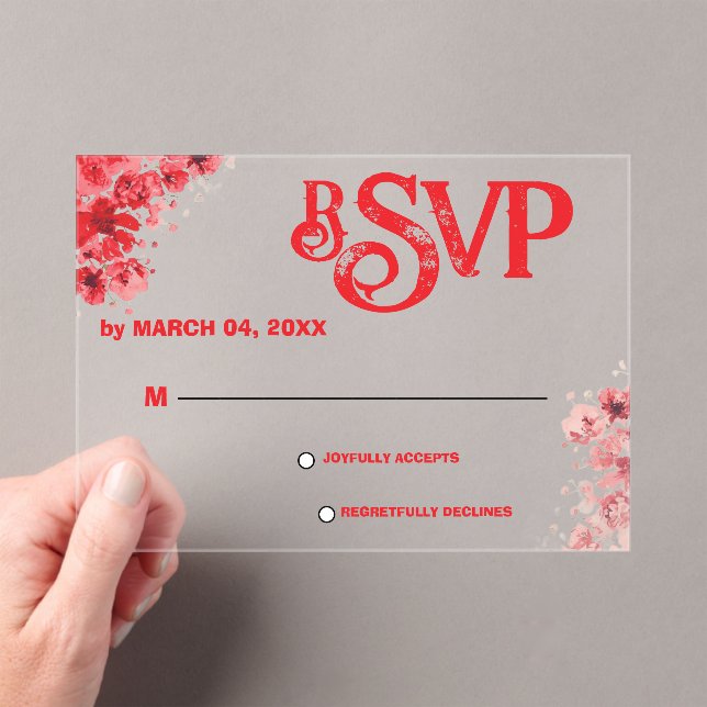 Romantic Red Floral Wedding RSVP Acrylic Invitations (Insitu (Handheld))