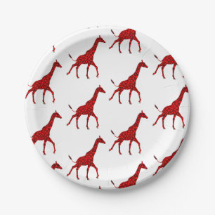 Romantic Red Giraffe Tiled Pattern Paper Plate