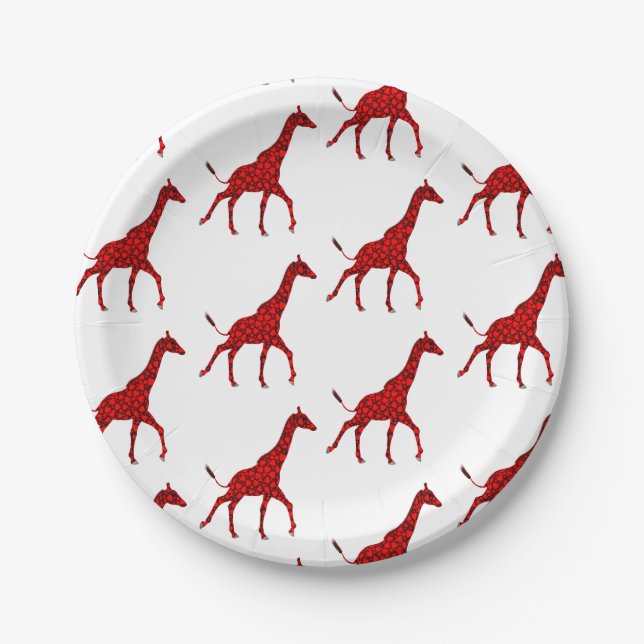 Romantic Red Giraffe Tiled Pattern Paper Plate (Front)