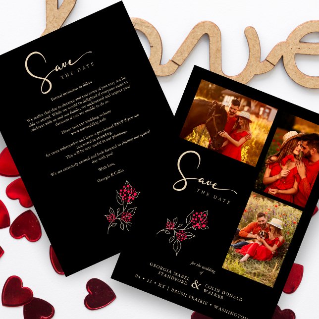 Romantic Red Gold Branches 3 Photos Collage Save The Date (Creator Uploaded)