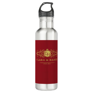 Romantic red gold elegant monogramme wedding  710 ml water bottle