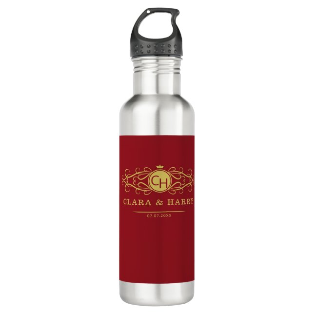 Romantic red gold elegant monogramme wedding  710 ml water bottle (Front)