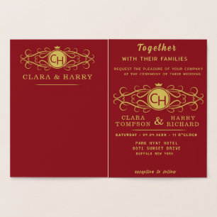 Romantic red gold elegant monogramme wedding foil card