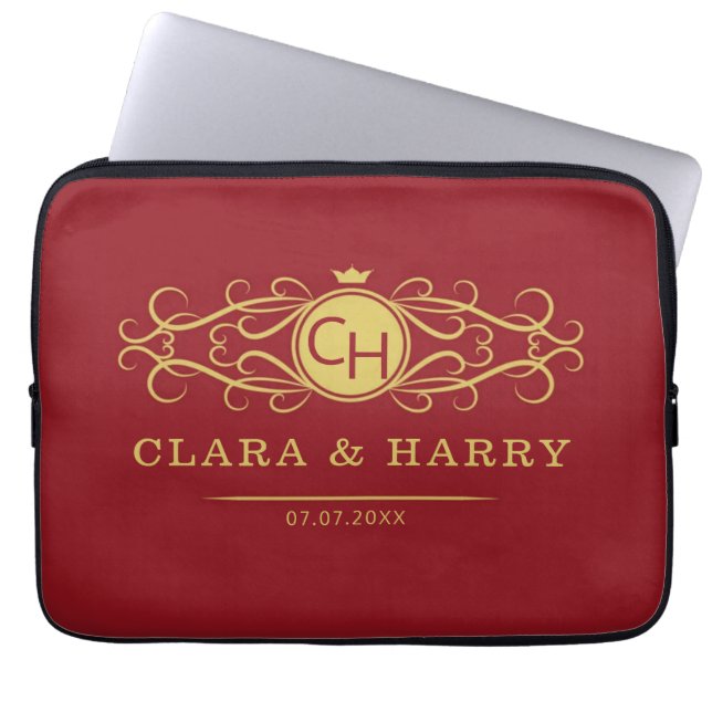 Romantic red gold elegant monogramme wedding  laptop sleeve (Front)