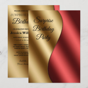 Romantic Red & Gold Waves Surprise Birthday Invitation