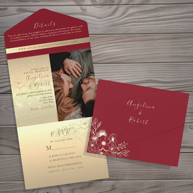 Romantic Red Gold Wedding All In One Invitation (Creator Uploaded)