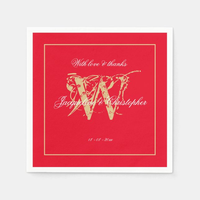 Romantic Red & Gold Wedding Elegant Monogram Paper Napkin (Front)