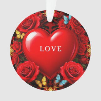 Romantic Red Heart Framed by Roses and Butterflies Ornament