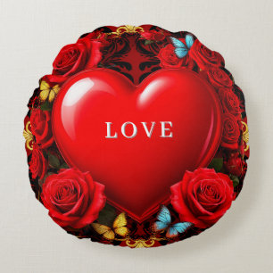Romantic Red Heart Framed by Roses and Butterflies Round Cushion
