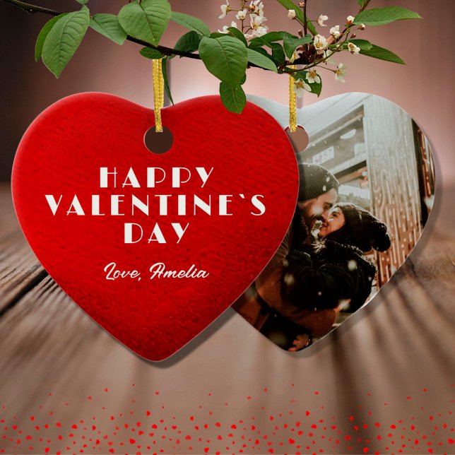 Romantic Red Heart Name Photo Valentine`s Day  Ceramic Ornament (Creator Uploaded)