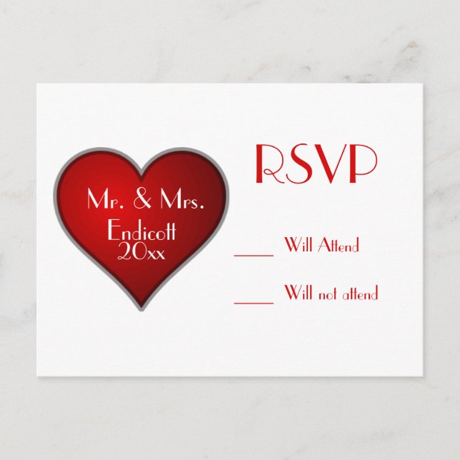 Romantic Red Heart with Name and Wedding Date RSVP Invitation Postcard (Front)