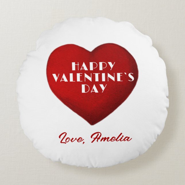 Romantic Red Heart with Name Valentine`s Day Round Cushion (Front)