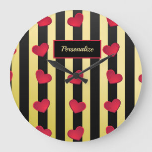 Romantic Red Hearts Gold Black Stripes Personalise Large Clock