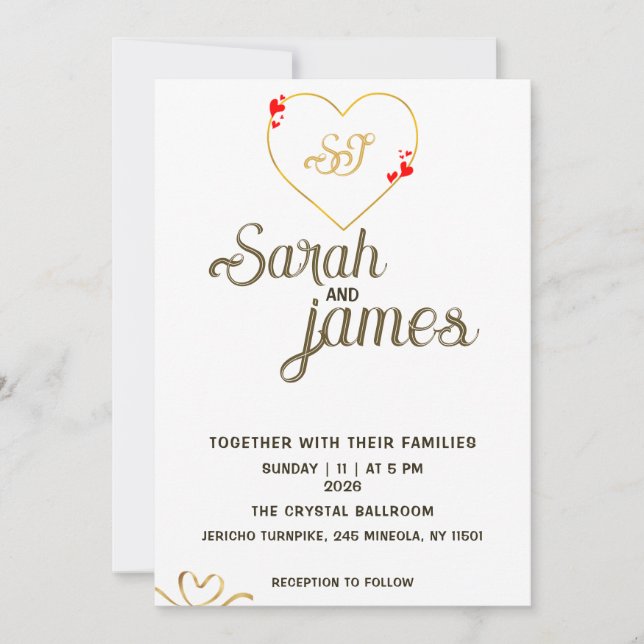 Romantic Red Hearts Gold Monogram Wedding  Invitation (Front)
