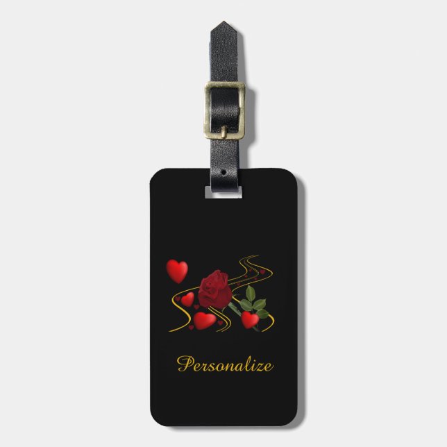Romantic Red Hearts & Red Rose Personalise Luggage Tag (Front Vertical)