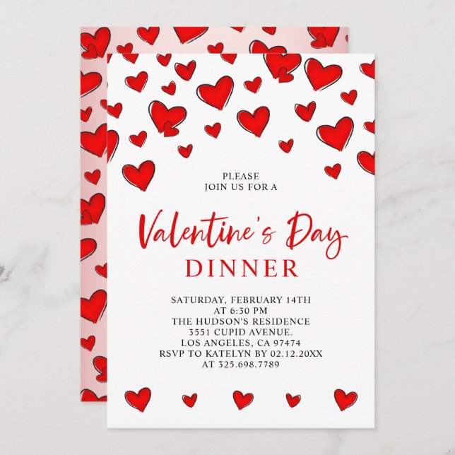 Romantic Red Hearts Valentine's Day Dinner Invitation (Front/Back)