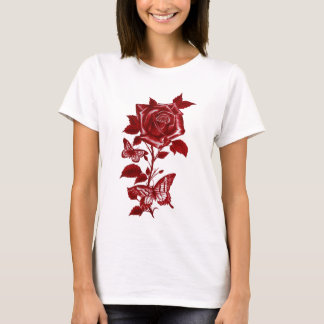 Romantic Red Ink Rose and Butterflies Graphic Ts T-Shirt