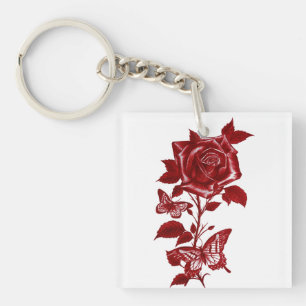 Romantic Red Ink Rose and Butterflies Graphickeych Key Ring