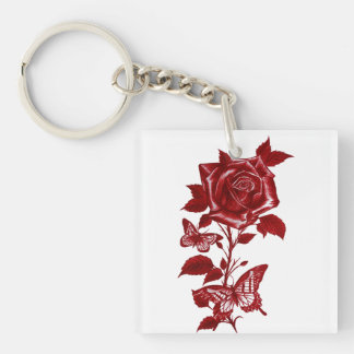 Romantic Red Ink Rose and Butterflies Graphickeych Key Ring